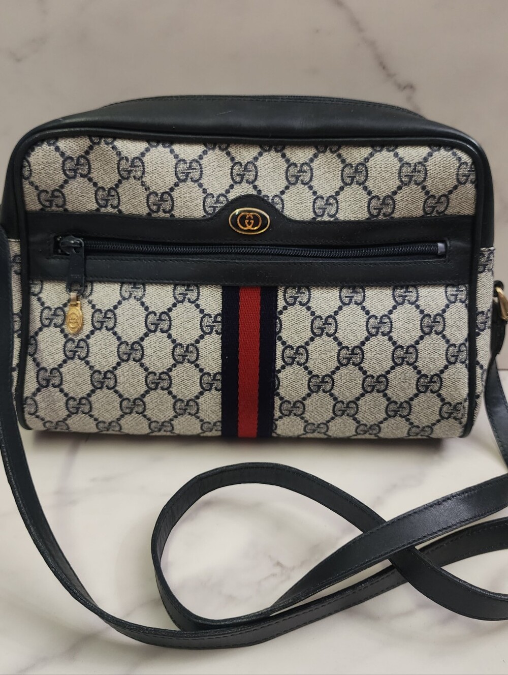 Authentic Vintage Navy Blue Gucci Supreme Sherry Line Bag With Digital COA